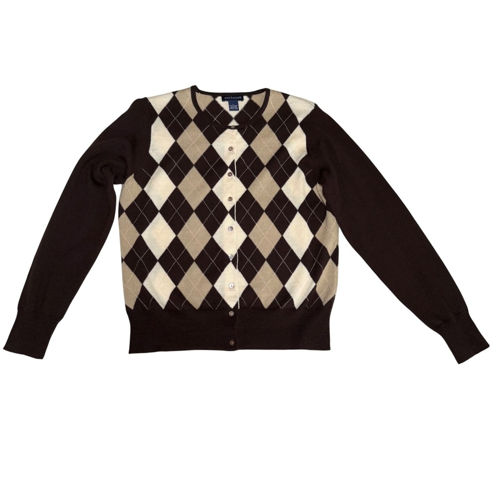 Ann Taylor Brown Argyle 100% Italian Merino Wool Cardigan Sweater Large Academia